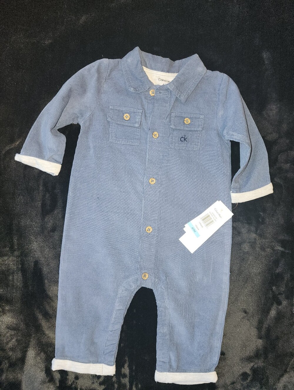 Calvin Klein Light Blue Corduroy Baby Romper with Chest Pockets